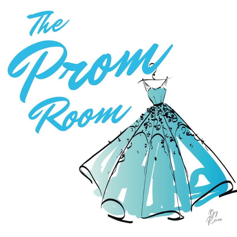 The Prom Room Logo Blue dress hanging from the words the prom room